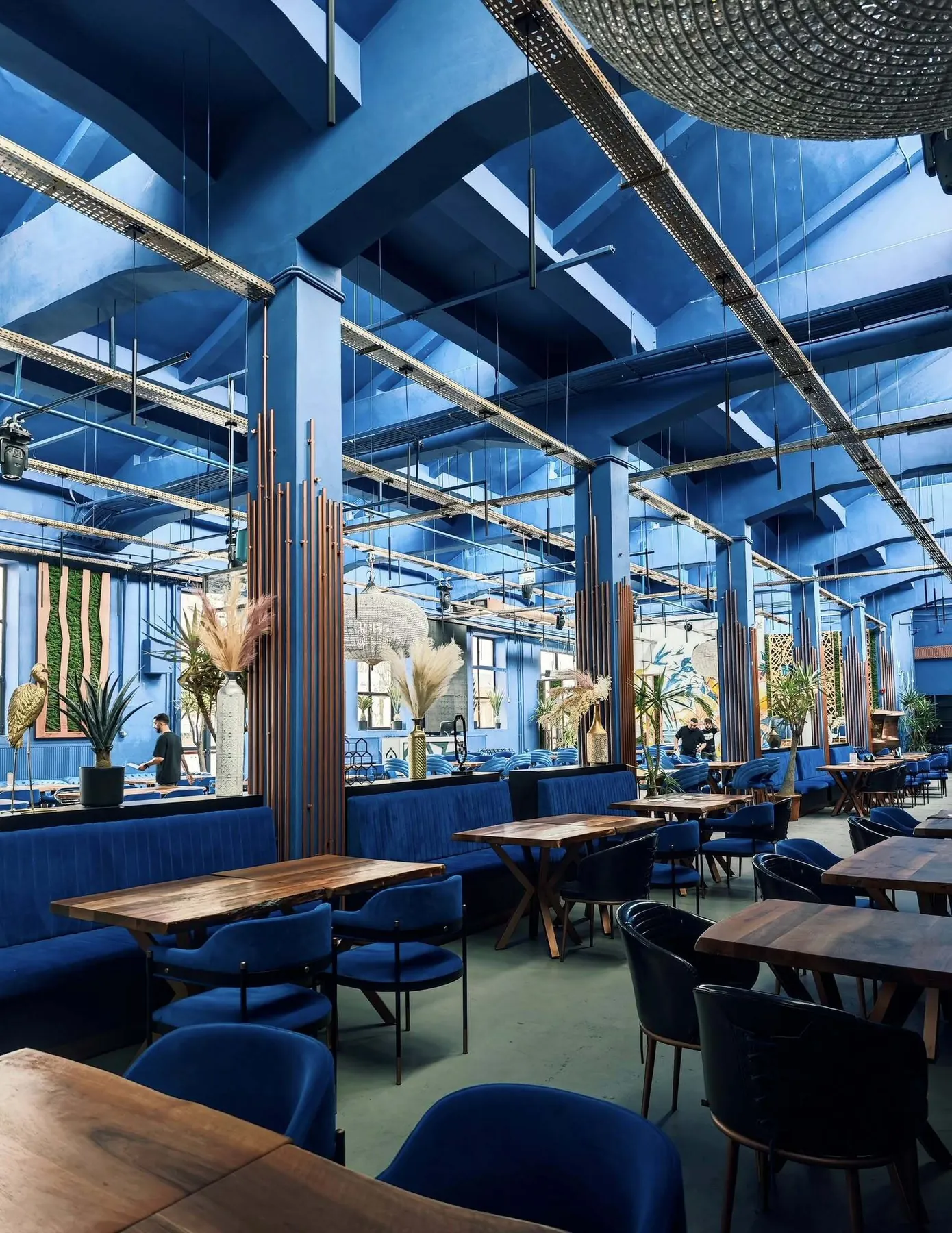 Sala albastră Manara Blue — canapele de catifea, mese din nuc, țevi de cupru